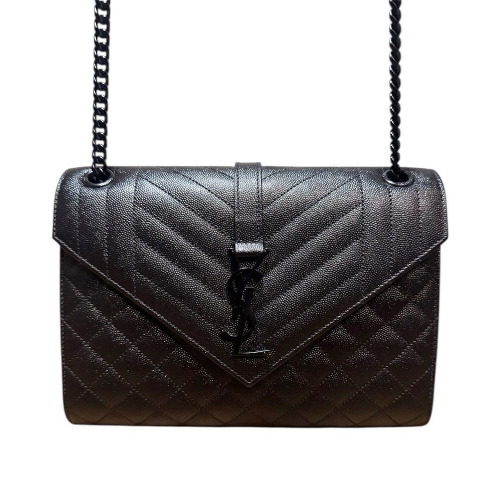 NWT SAINT LAURENT Medium Envelope Black Grained Mixed Quilted Leather YSL Bag